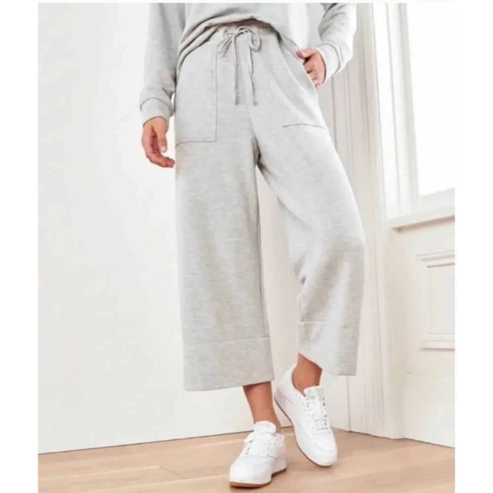 Quince SuperSoft Fleece Cropped Wide Leg Pants Womens XL Cream Drawstring Pocket